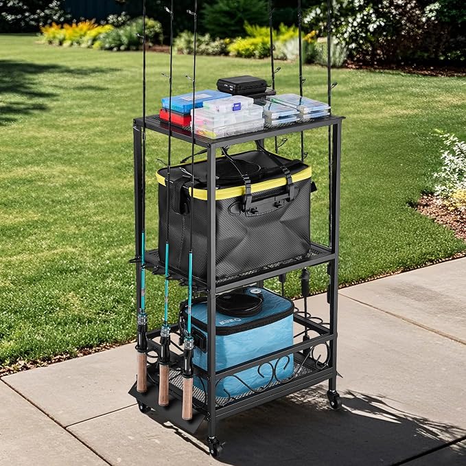 VEVOR Fishing Rod Holder for 10-Rods, Mobile Fishing Pole Rack Cart with Wheels, Fish Gear Equipment Organizer for Garage Home Indoor Use, for Tackle Box Reel Accessories Storage, Gifts for Men