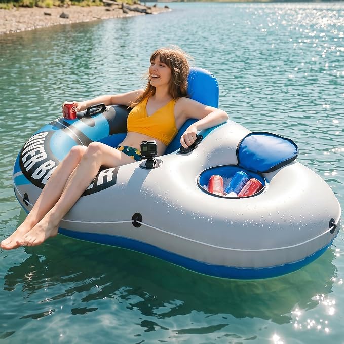 Sunlite Sports Inflatable River Tube Float with Built in Cooler - Heavy Duty River Float Pool Floats Lake Premium Water Tubes for Floating Recreational River Raft Lounge Floaties with 2 Cup Holders