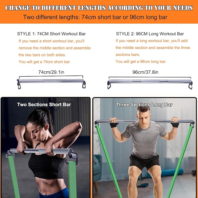J Bryant Fitness Heavy-Duty Resistance Band Bar with Resistance Bands, E-Shaped Hook Design, 500lb Load Capacity, Anti-Slip Surface, Carry Bag Included, for Strength Training and Fitness