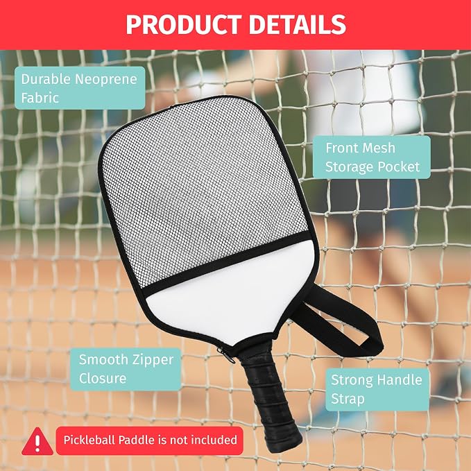 Custom Pickleball Neoprene Paddle Cover w/Inner Net Pockets, Neoprene Case for Rackets, Court Accessories and Game Equipment for Player, Racquetball Case