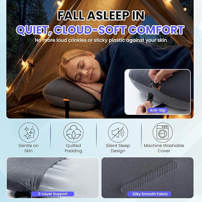 Inflatable Camping Pillow - Ultralight Compact Air Pillow for Travel, Backpacking & Hiking - Ergonomic Neck & Lumbar Support - Portable Inflatable Pillow with Removable Washable Cover - (Grey)