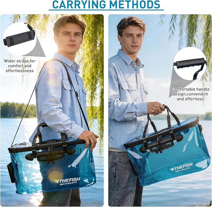 THKFISH Foldable Transparent Fishing Bucket, 8 Gallon Foldable Bait Bucket, Live Fish Container Multi-Functional Bait Bucket, Live Bait Fishing Bucket for Saltwater, Camping (8Gallon)