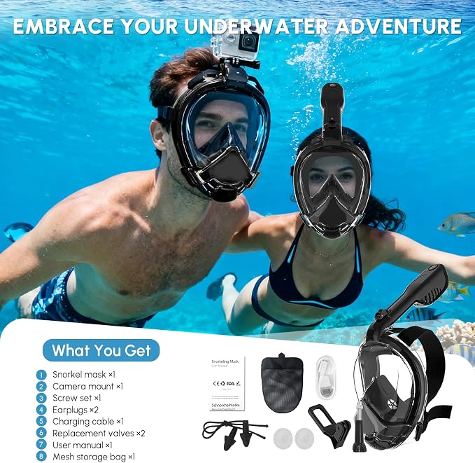 Yosmer Electric Full Face Snorkel Mask for Adults, Fan-Assisted Snorkeling Mask with Dry Top System, 180° Panoramic View, Anti-Fog Design, Foldable Travel Snorkel Gear