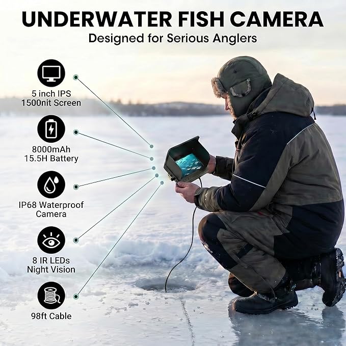 Portable Underwater Camera Fish Finder: 5 Inch IPS with 8000mAh Battery IP68 Waterproof Camera 220°Wide Angle for Lake & Murky Water | Depth Finder for Ice Fishing/Boats/Kayaks