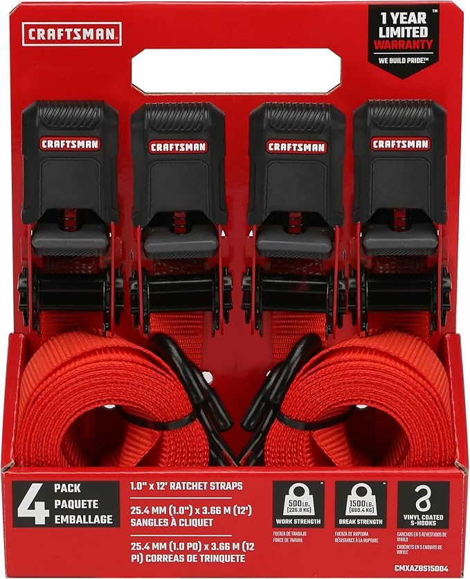 CRAFTSMAN CMXAZBS15004 Black/Red 1" x 12' Ratchet Tie Down Straps - Light/Mid-Weight Duty (1500 lb Break Strength), 4 Pack