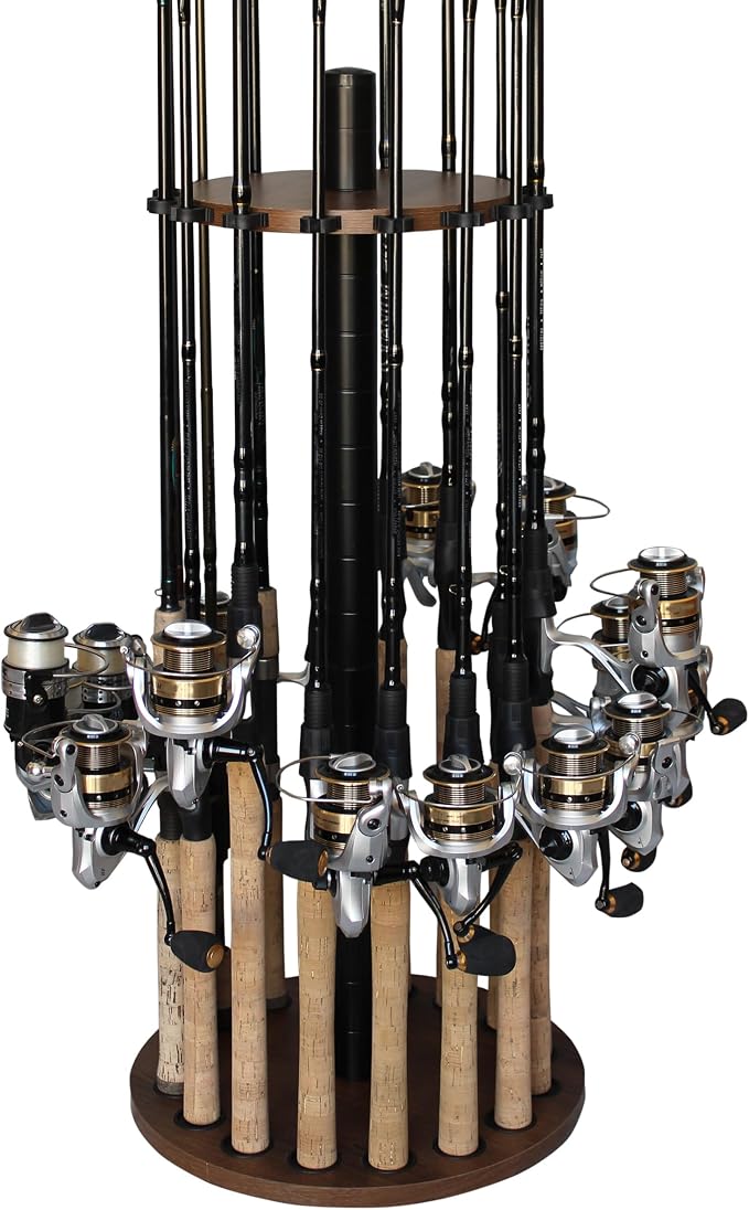 Rush Creek Creations 16 Rod Fishing Pole Holder - Round Floor Mount Rack with Clips for Garage Organization, Dark Walnut Wood