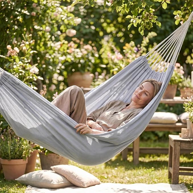 ANYOO Cotton Hammock Portable Camping Hammocks for Hanging Sturdy Garden Comfortable Fabric Hammock with Tree Straps Up to 660lbs with Travel Bag for Camping Outdoor/Indoor Patio Backyard