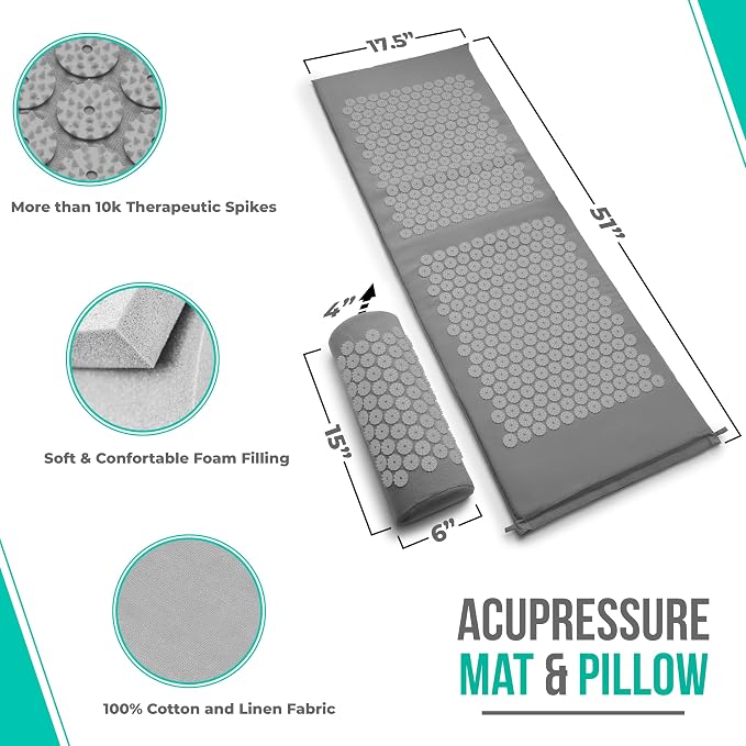 Sivan Health and Fitness Acupressure Mat and Pillow Set - Grounding Mat for Stress, Back & Neck Pain - Acupuncture Point Massage Mat for Muscle Relaxation, Sciatica, & Meditation - Includes Carry Bag