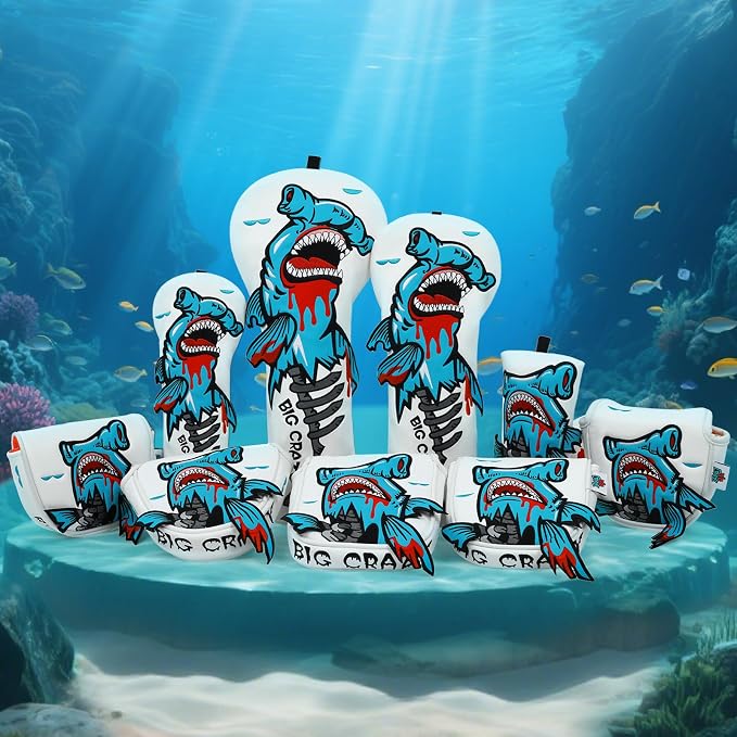 Big Crazy Golf Head Covers, Golf Club Covers Funny, Driver Headcovers, Golf Club Covers, Fairway Woods Head Covers, Hybrids Headcover, Putter Cover with Soft Lining for Golf Gift Hammerhead Sharks