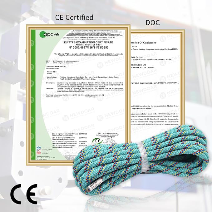 NewDoar CE & UIAA Certificated 5/16(8mm) Static Climbing Rope 14KN High Strength Accessory Cords 33FT/66FT/98FT/165FT Safety Rope for Rock Climbing, Outdoor Survival, Hiking, Mountaineering