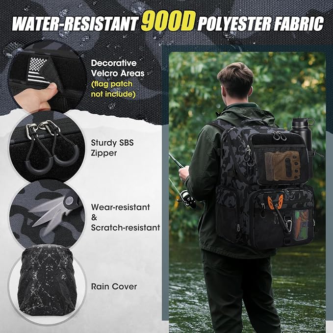 RAINSMORE 45L Fishing Backpack with Rod Holders & Rain Cover Large 900D Water-resistant Fishing Tackle Bag Store Fishing Gear
