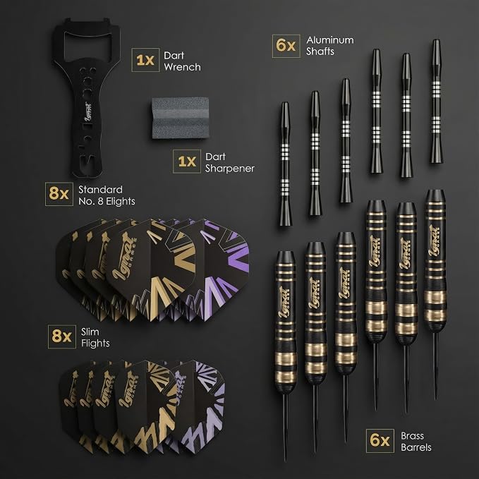 IgnatGames Steel Tip Dart Set - Brass Barrels with Tempered Steel Points, Aluminum Shafts, 16 GlideXPro Flights (Standard No. 2 + Slim), Accessories, Giftable Case
