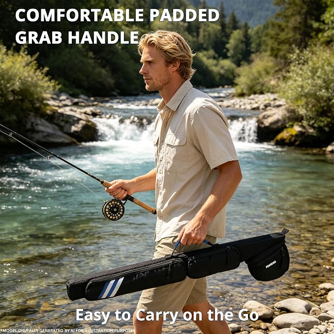 PEKREWS Fly Rod Case, 30.5" Fishing Rod Bag Fit 9' 4-Piece Fly Rod and Reel with 2 Side Pockets, Padded Reel Pouch, Hard Travel Fly Rod Tube with Shoulder Strap, Fishing Pole Holder For Angler, Blue