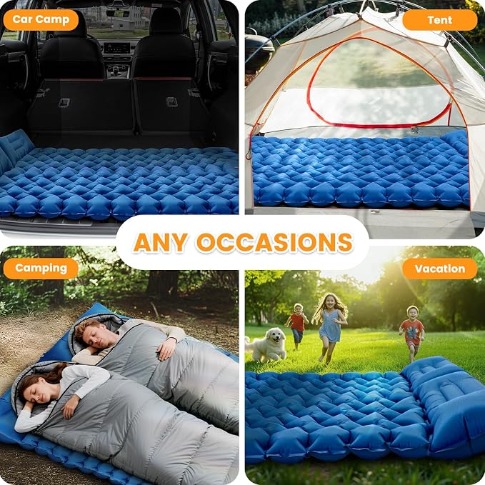 Sleeping Pad for Camping 2 Person, Double Camping Pad with Built-in Foot Pump and Pillow, Inflatable 4in Extra-Thick Ultralight Air Mattress for Backpacking, Hiking, Travel, Tent, Car, Gift