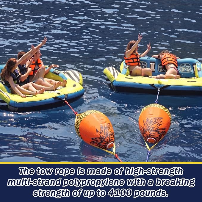 Silipull Towable Booster Ball with 60 ft Tow Rope, 4100 lb Break Strength, Inflatable Towable Tube Ball with Rope Float for Boating, Water Sports, Tubing & Speedboats, Orange