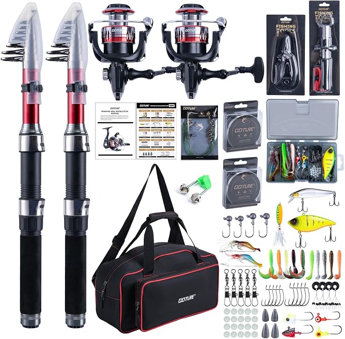 Goture 2-Pack Fishing Rod and Reel Combo with Carrier Bag,1.8M-2.7M | 2PCS Telescopic Fishing Pole,2PCS Spinning Reel,Line,Lures,Pliers,Gripper, for Saltwater and Freshwater Travel,Starter Kit