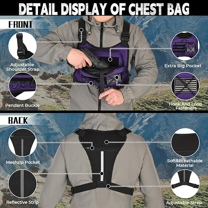 koculemi Outdoor Sports Chest Bag for Men, Chest Vest Holster Fits Most Pistols, EDC Travel Chest Pack for Running, Hiking