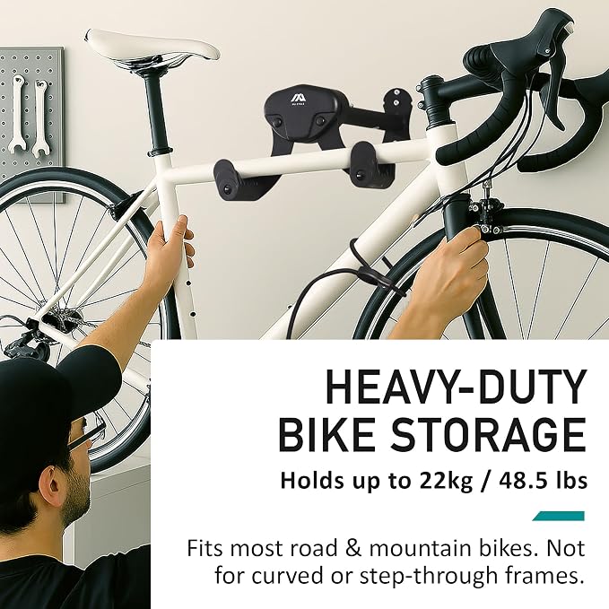 Buffalo Bike Wall Mount Rack – Adjustable Heavy-Duty Horizontal Indoor Hanger for Road, Mountain & Hybrid Bikes up to 48.5 lbs / 22 kg, Space-Saving Garage & Apartment Storage (2 Pack)