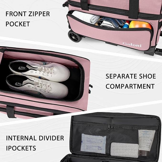 Goloni Double Roller 2 Ball Bowling Bag with Separate Shoe Compartment,2 Ball Bowling Bag with Wheels,Retractable Handle Extends to 40"