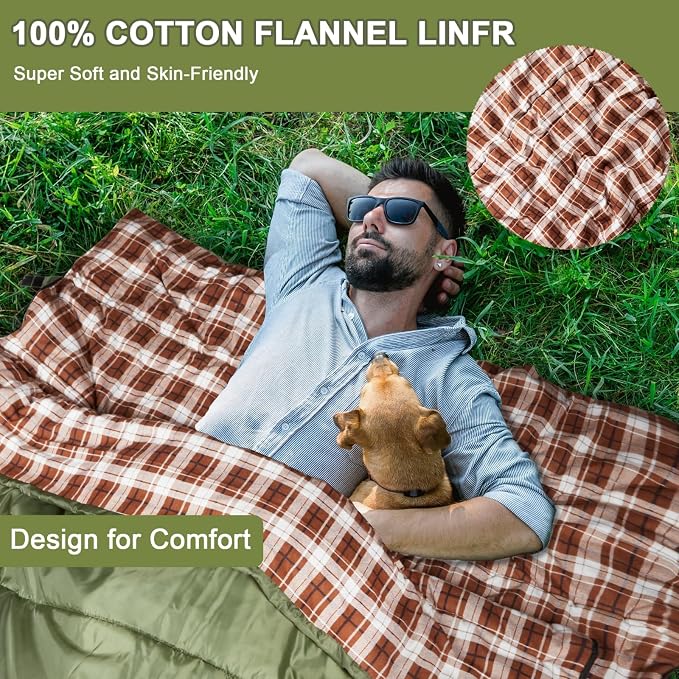 Cotton Flannel Double Sleeping Bag for Camping, Backpacking Or Hiking. Queen Size 2 Person Waterproof Sleeping Bag for Adults Or Teens. Lightweight with Compression Sack