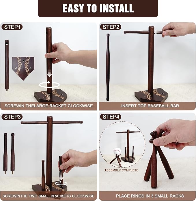 SkillDance Wooden Baseball & Softball Ring and Necklace Holder, Championship Ring Display with Baseball Stand, 3-in-1 Home Plate Baseball Jewelry Organizer, Gift for Baseball Players & Fans