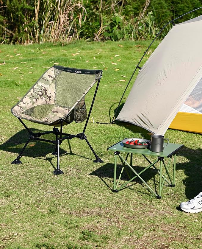 iClimb Ultralight Compact Camping Folding Beach Chair with Anti-Sinking Large Feet and Back Support Webbing (Woodland - Square Frame)