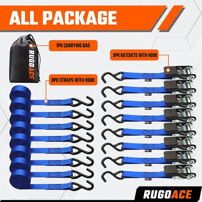8PK Ratchet Tie Down Straps 1" x 10ft, 300lbs Load Capacity, 900lbs Break Strength, Durable for Moving Appliances, Lawn Equipment, Motorcycles, Cargo Trucks, Trailers & More (Blue)