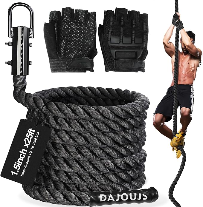 Climbing Rope Gym Workout - 1.5 Inch Dia 10FT 15FT 20FT 25FT 30FT 35FT 40FT 50FT Heavy Duty Work Out Rope Exercise Climbing Ropes for Adults Kids Fitness & Strength Training Outdoor & Indoor - Black