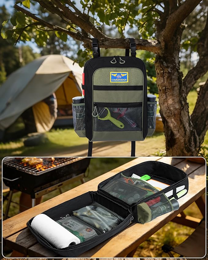 Marscamd Camp Kitchen Organizer Backpack with Paper Towel Holder, Hanging Camping Utensil Storage Bag with Multi Pockets for Camping Utensils, Barbecue Tool, Bag Only, Black