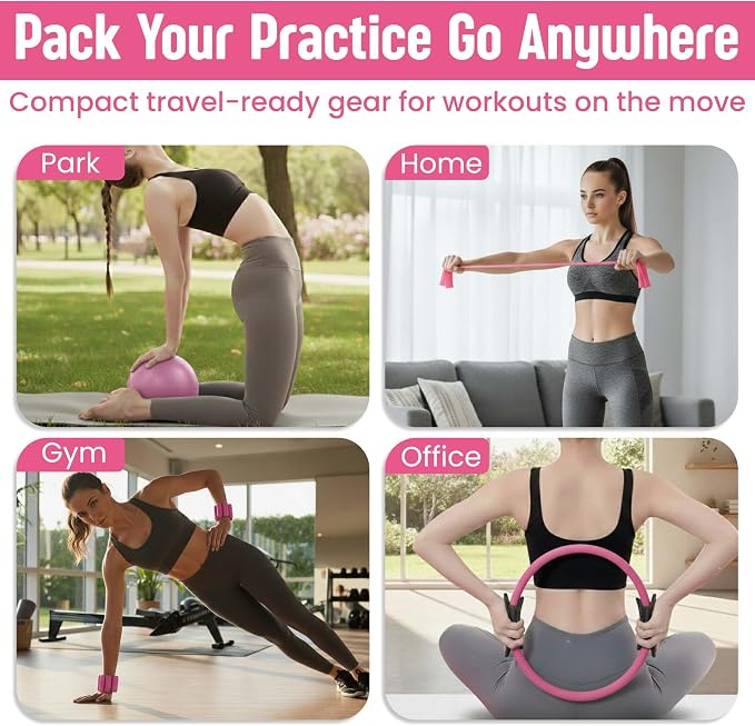 Pilates Kit for Women – 16 Pcs Home Pilates Equipment Set with Magic Circle Ring, Ball, 5 Resistance Bands, Yoga Strap, Ankle Weights, Grip Socks & More | Pilates Starter Kit