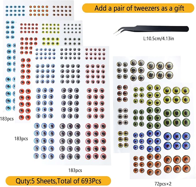 3D 4D 5D Fishing Lure Eyes Assortment with 1 Piece Tweezer for Making Fish Bait Fly Tying Streamers Crafts DIY Accessory (6 Sizes: 3 mm/ 4 mm/ 5 mm/ 6 mm/ 8 mm/ 10 mm)