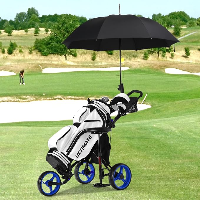 Golf Push Carts 3 Wheel Folding-Collapsible Lightweight Push Cart with Seat for Golf Clubs, Foot Brake/Umbrella Holder- 4 Height Position Handle