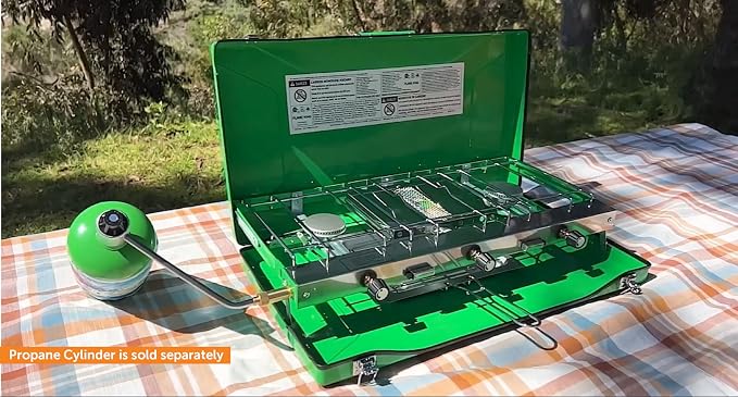 Flame King YSNBBQ-136M 3-Burner Portable Camping Stove Grill w/Toast Tray, Great for Outdoor Cooking, Backpacking, Hiking, & Emergency, Compatible with 1LB Propane Gas Bottle