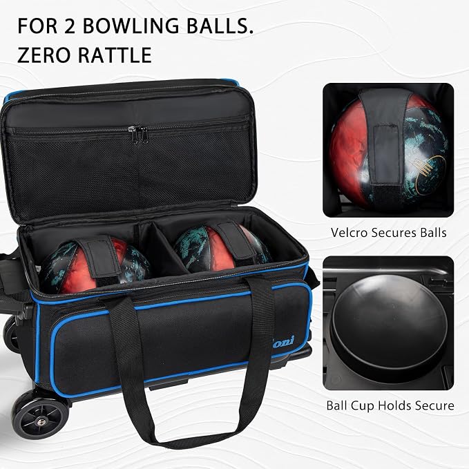 Goloni Double Roller 2 Ball Bowling Bag with Separate Shoe Compartment,2 Ball Bowling Bag with Wheels,Retractable Handle Extends to 40"