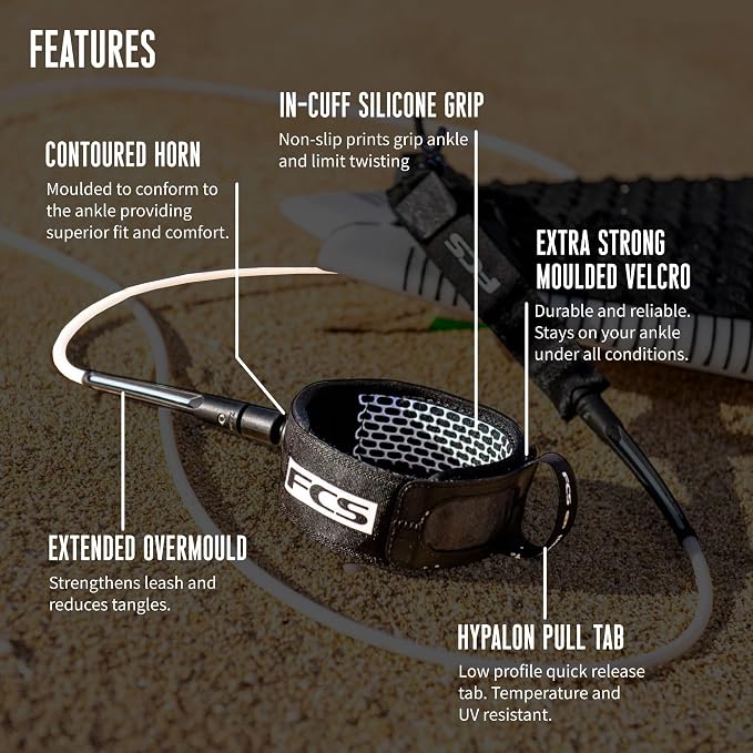 FCS All Round Essential Leash | Lightweight & Durable Surf Leash for 2-8ft Waves, in-Cuff Silicone Grip, Easy-Release Tab