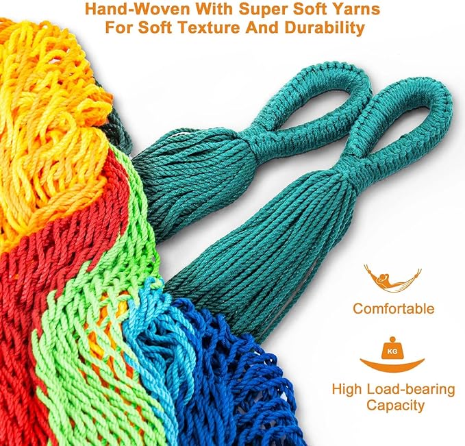 Lazy Daze Hammocks Handwoven XL Mayan Hammock, 10.5 FT Soft Rope Double Hammocks, Portable Outdoor Hammock with Carry Bag, 2 Straps & Carabiners for Patio Outside, 550 lbs Weight Capacity, Multi Color