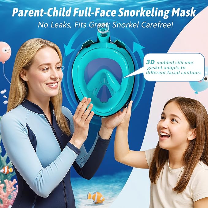 Greatever G2 Adults Kids Full Face Snorkel Mask 2 Pcs,Snorkeling Gear with Latest Dry Top System,Foldable 180 Degree Panoramic View,Safe Breathing,Anti-Leak&Anti-Fog Snorkeling Mask with Camera Mount