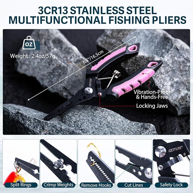 Goture Pink Fishing Kit, Fishing Lures with Tackle Box and Fishing Tool Kit Set for Women, Include Fish plier, Braid Scissors, Fishing Gripper with Gift box