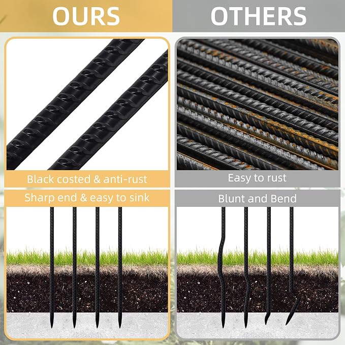 16 Inch Rebar Stakes, 0.4 Inch Diameter Ground Stake, Metal Stakes for Ground, Heavy Duty Ground Anchor Spikes for Speed Bump, Parking Curb and Camping Tent (20Pcs, Black)