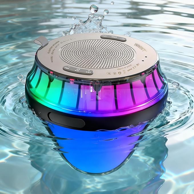 Floating Speaker for Pool, IPX7 Waterproof Floating Hot Tub Speaker with Colorful Lights, 15W Stereo Loud Sound, TWS, Portable, Wireless Must Have Gifts for Shower, Spa, Beach