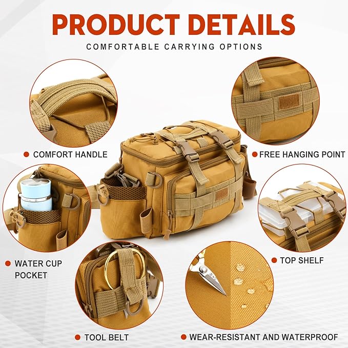 Fishing Tackle Bag with 3 Adjustable Tackle Trays Boxes Saltwater Freshwater Resistant Fishing Gear Lures Storage Bag Soft Side Outdoor Pack Organizer Padded Shoulder Strap