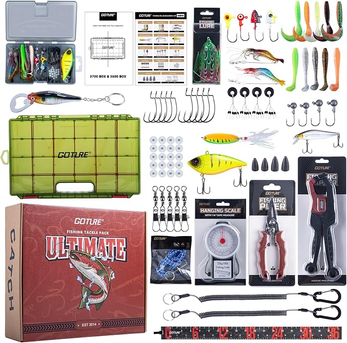 Goture Fishing Lures with Tackle Box and Fishing Tool Kit Set for Men Women, Include Fish plier, Fish Ruler, Fishing Gripper, Weigh Scale with Gift Box