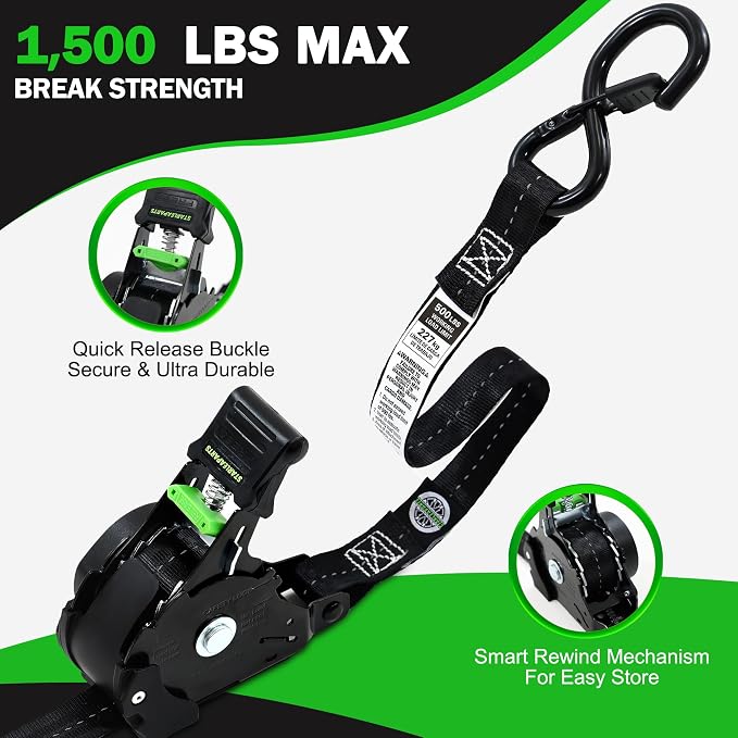 STARLEAPARTS Retractable Ratchet Straps(2PK) - 1,500lb Break Strength, Ratchet Straps Heavy Duty with Soft Loop Tie Downs, Perfect Auto Ratchet Strap for Motorcycle, Kayak and Trucks (Black)