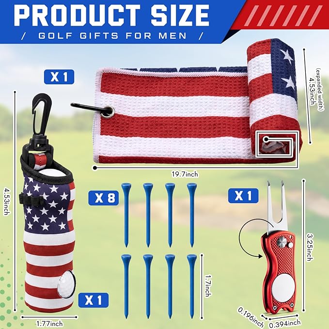 13 Pcs American Flag Golf Accessories Kit, Patriotic Mallet Putter Cover Set with Towel, Tees, Ball Bag & Divot Tool, 4th of July 250th Golf Gifts for Men Father
