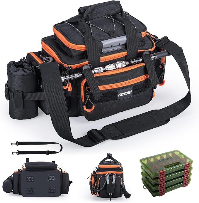Goture Fishing Tackle Bag with 4 Tackle Boxes, Soft Side 600D Water-Resistant Cross Body Sling Fishing Bag with Rod Holder, Small Saltwater Gear Storage Tactical Bags, Gifts for Men/Women