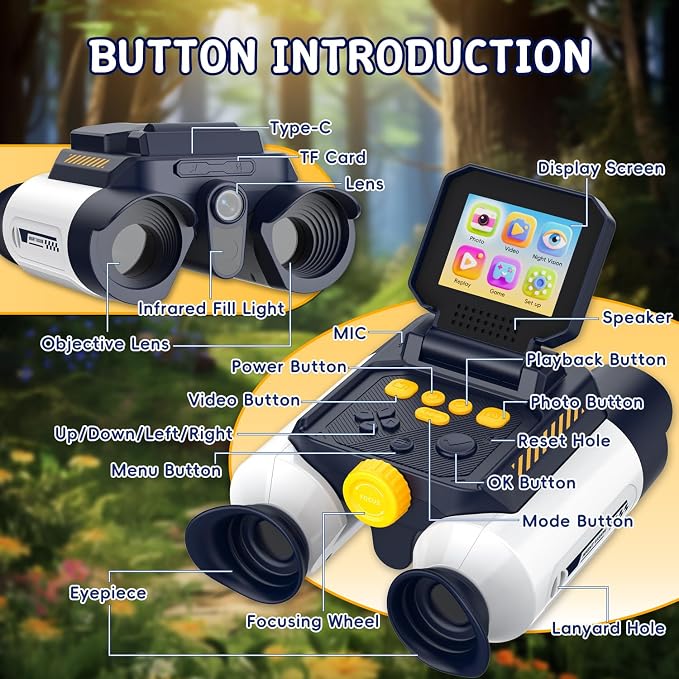 Binoculars for Kids with Night Vision, 2.4" HD Screen & 10X Zoom for Photo and Video - Outdoor Adventure Binoculars Bird Watching, Camping, Hiking, Gifts for Kids Ages 4+ (White)