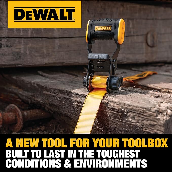 DEWALT DXBC18002-8PK Black/Yellow 1.25" x 12' Ratchet Tie Down Straps - Light-Weight Cargo Hauling (1800 lb Break Strength), 8 Pack