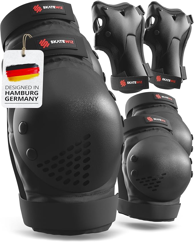 SKATEWIZ Skateboard Pads Protective Gear Set for Kids and Adults - Smash - Roller Skate Pads [6pc] with Wrist Guards - Skating Protective Gear - Roller Derby