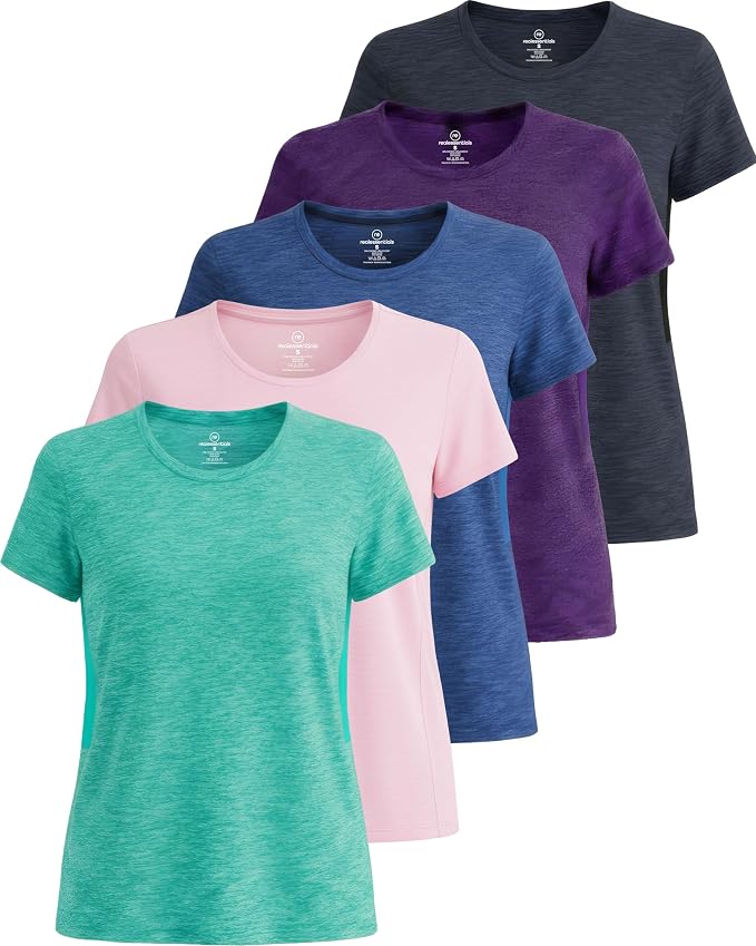Real Essentials 5 Pack: Women's Short Sleeve T-Shirts Workout Tops Fitness Pilates Gym Activewear Athletic (Plus Available)