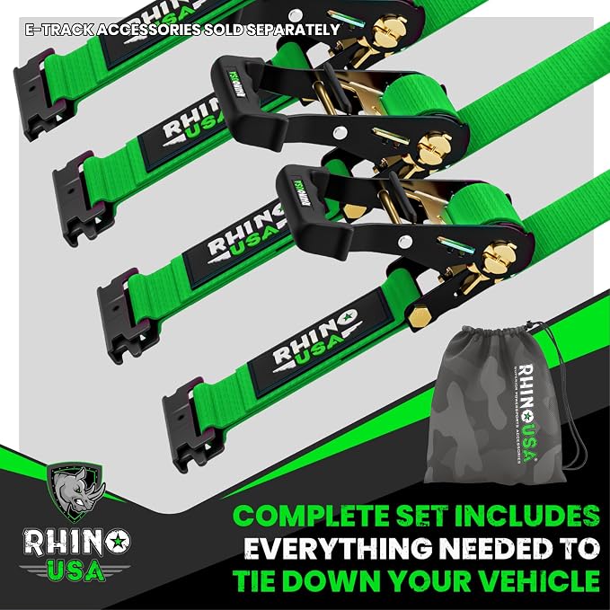 Rhino USA E Track Ratchet Tie Down Straps (4,500lb Break Strength) - Includes (4) Premium 2" x 16' eTrack Tie Downs - Ultimate Heavy Duty eTrack Cargo Strap System for Trailer, Truck, Motorcycle